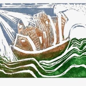 A boat travelling in the sea painted green under white clouds.