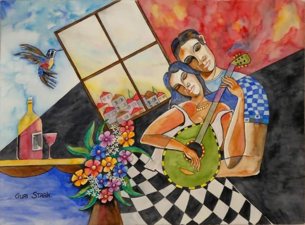 guri4.jpg A colorful painting depicts a man and woman sitting close together, with the woman playing a guitar. A vase of flowers, a bottle, and two glasses are on a table nearby. A bird flies near a window.