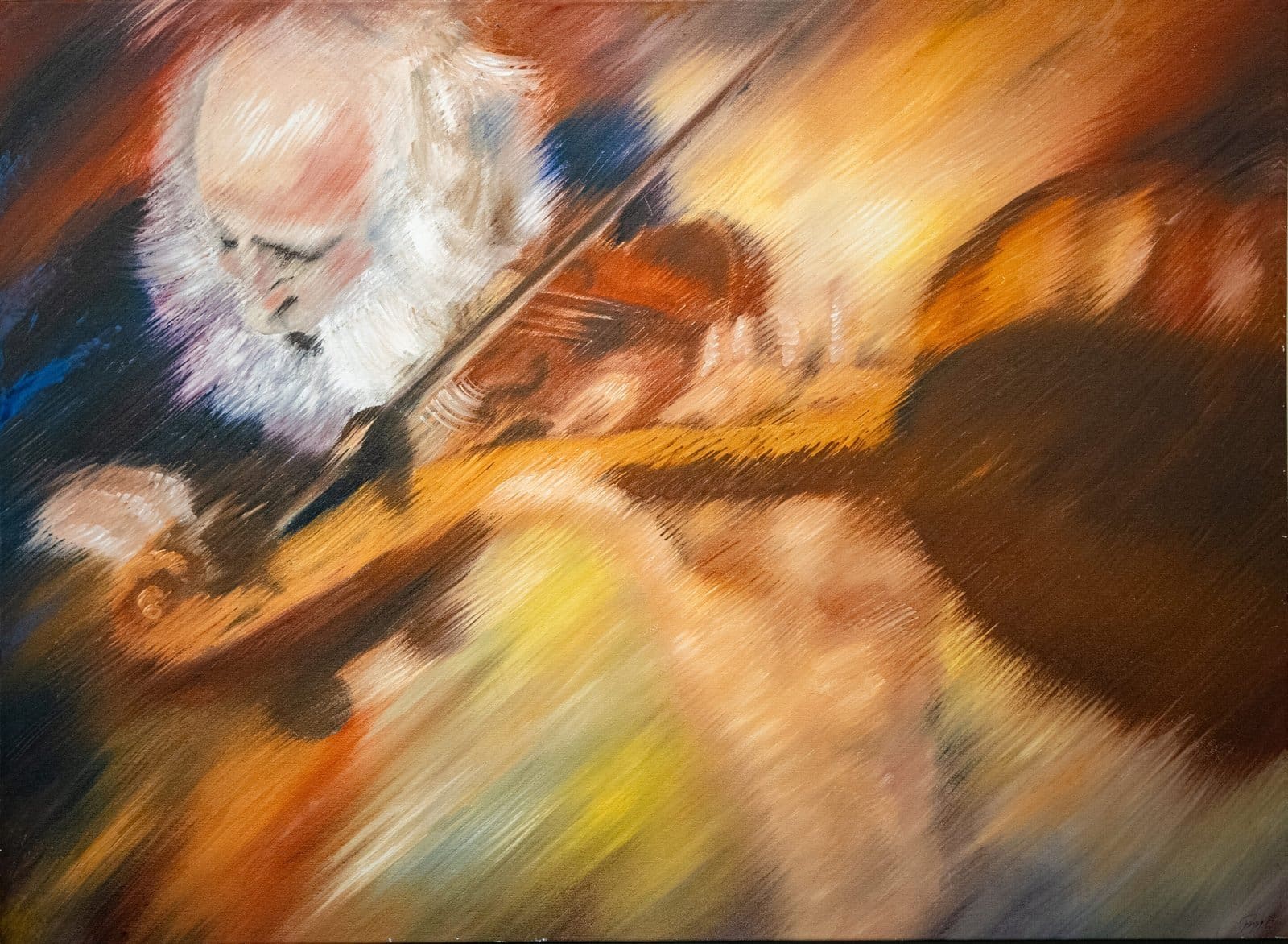 Pomm Hepner_Duette_40x30_$2500 If you look closely you’ll see that the old man is playing with another musician. I can hear the strings of harmony as they play together. There is nothing like listening to a Duet.
