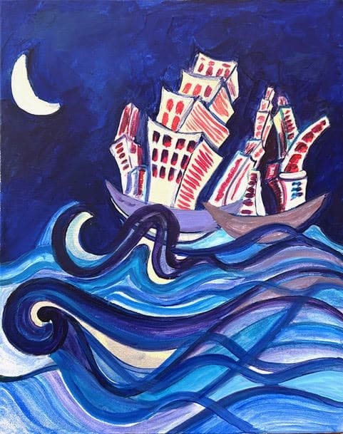 Floating by Miriam Libhaber A surrealist painting by Miriam Libhaber, where buildings float away on boats beneath a crescent moonlit night