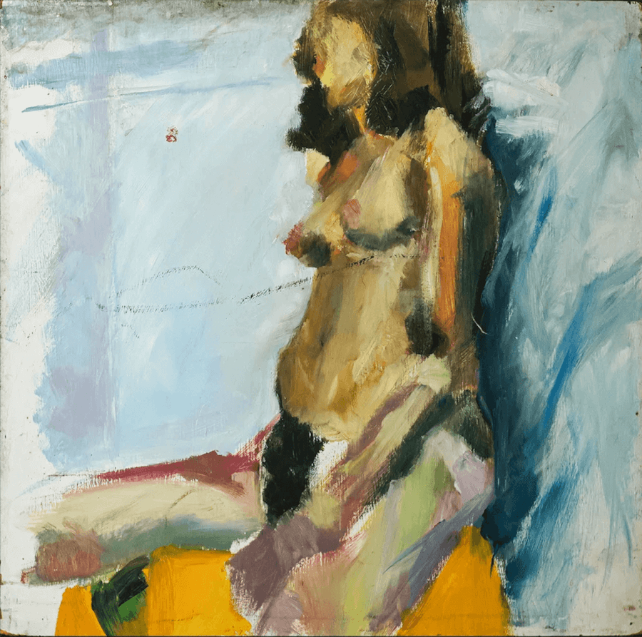 Atara Baker Painting A nude woman sitting on a bench.