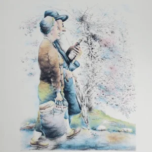 Holiday Shopping by Seymour Rosenthal is lithograph depicting an elderly couple carrying a bottle of wine and a bag of food.