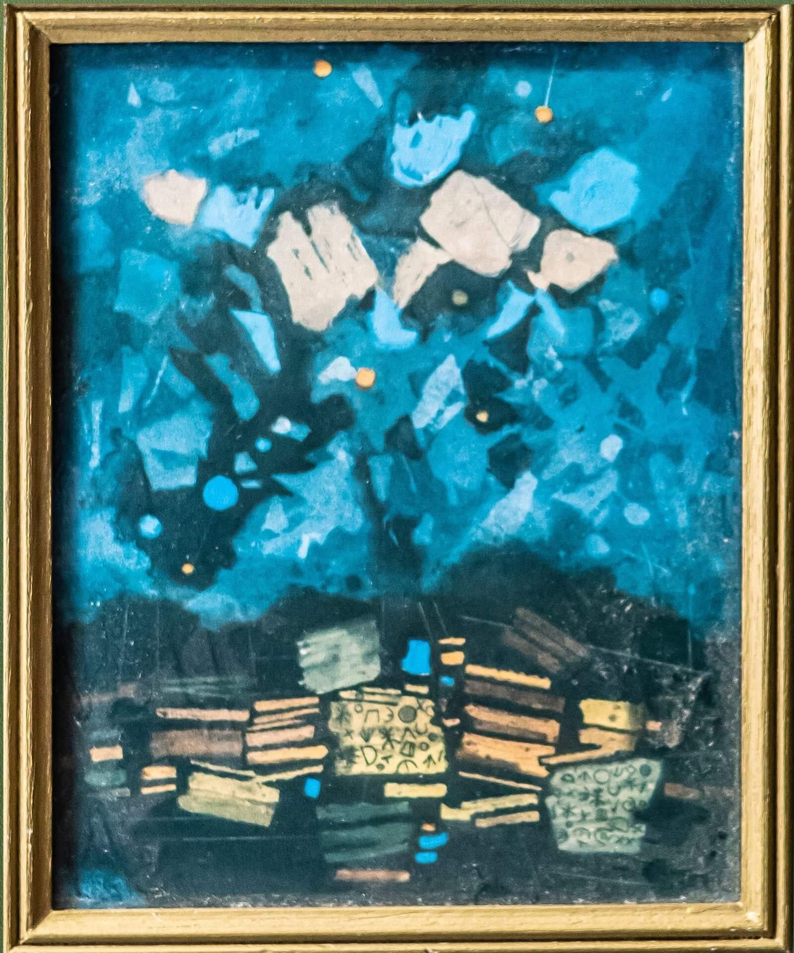 Mordecai Ardon Painting with books kept on the table, Composition in Dark Blue by Mordecai Ardon.