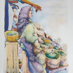 The Pickle Lady by Seymour Rosenthal is a lithograph of a lady standing over her selection of pickled vegetables.