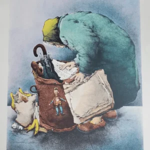 The Treasure Seeker by Seymour Rosenthal is a lithograph depicting an elderly woman hunched over and rummaging through garbage can.
