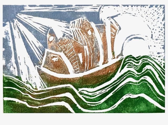 Sea and Clouds by Miriam Libhaber A boat travelling in the sea painted green under white clouds.