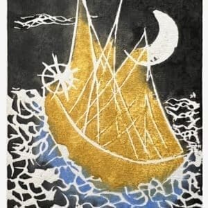At Night by Miriam Libhaber A boat floating in sea at night with half moon in the sky. Miriam Libhaber Painting - At Night