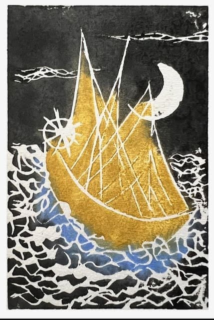 At Night by Miriam Libhaber At Night by Miriam Libhaber is a painting that depicts a boat floating in sea at night with a half moon in the sky.