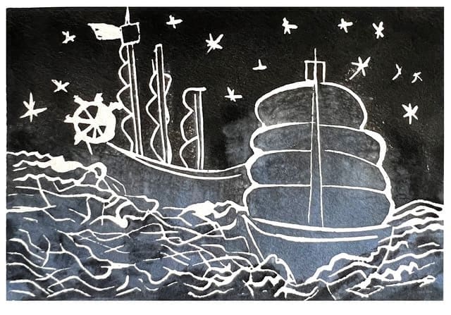 On the Atlantic by Miriam Libhaber On the Atlantic by Miriam Libhaber is a painting that depicts boats in the sea with tides in under stars glazing.