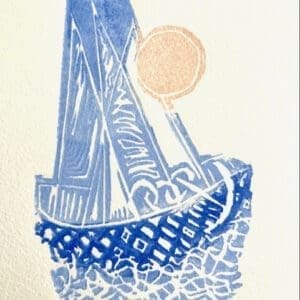 A single boat like structure with moon drawn above. Miriam Libhaber Painting - Coasting Moon