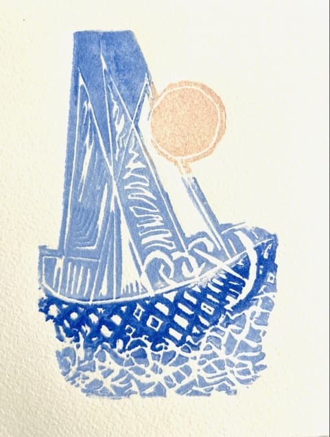 Coasting Moon by Miriam Libhaber Coasting Moon by Miriam Libhaber is a painting depicting a single boat like structure with moon drawn above.
