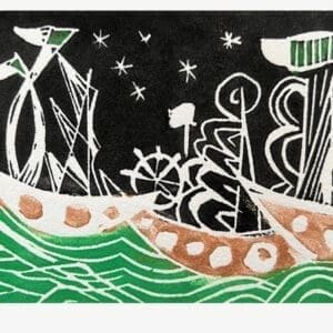 Group of boats in sea traveling at night. Miriam Libhaber Painting - Almost There