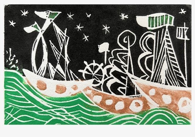 Almost There by Miriam Libhaber Almost There by Miriam Libhaber is a painting depicting a group of boats in sea traveling at night.