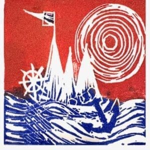 Artwork with boat travelling in sea with sun drawn in white with red background. Miriam Libhaber Painting - In Port