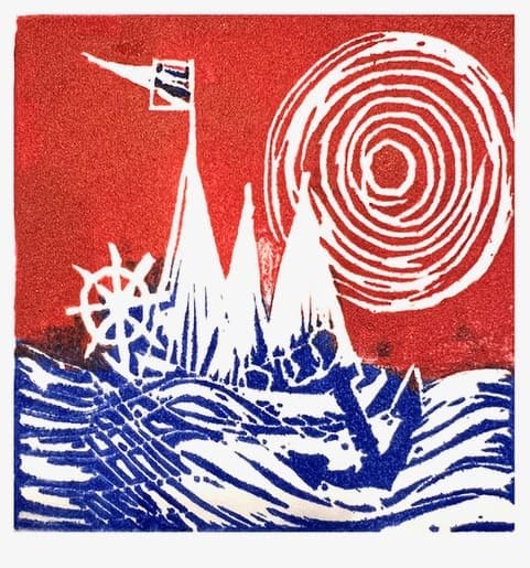 In Port by Miriam Libhaber Artwork with boat travelling in sea with sun drawn in white with red background. Miriam Libhaber Painting - In Port