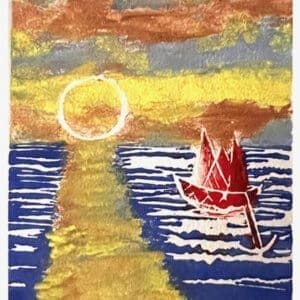 Artwork depicting sunrise with a boat floating in sea. Miriam Libhaber Painting - Almost Daytime