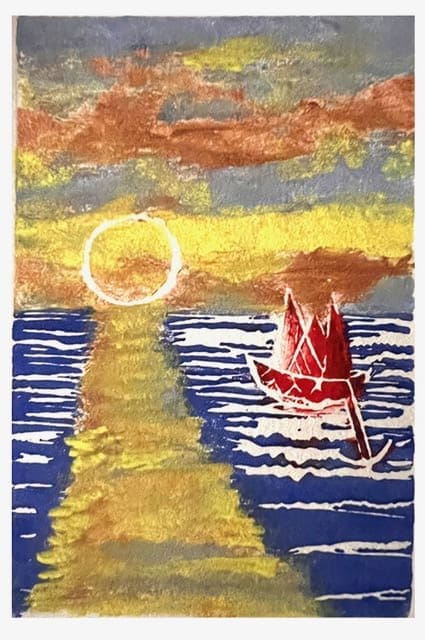 Almost Daytime by Miriam Libhaber Artwork depicting sunrise with a boat floating in sea. Miriam Libhaber Painting - Almost Daytime