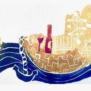 Artwork of mirriam with bottle and glass on an canvas