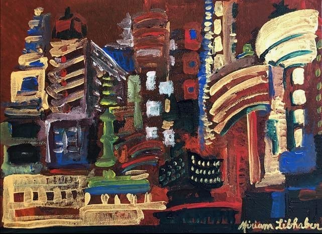 Shining by Miriam Libhaber Artwork with city buildings outline with prominent windows. Miriam Libhaber Painting - Shining