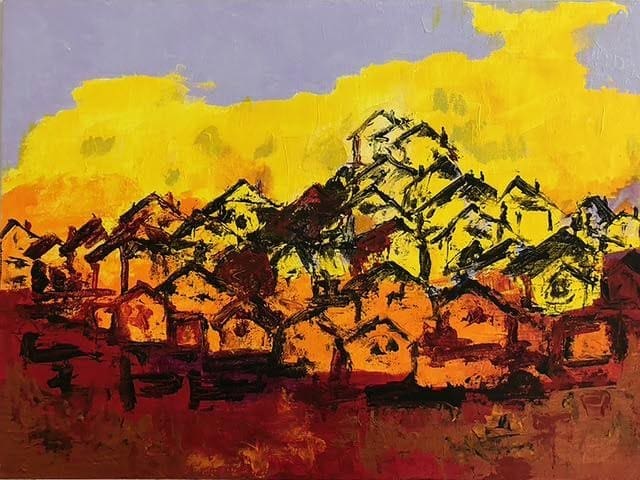 Caramel Valley by Miriam Libhaber Artwork showing view of a valley with stones mountain. Miriam Libhaber Painting - Caramel Valley