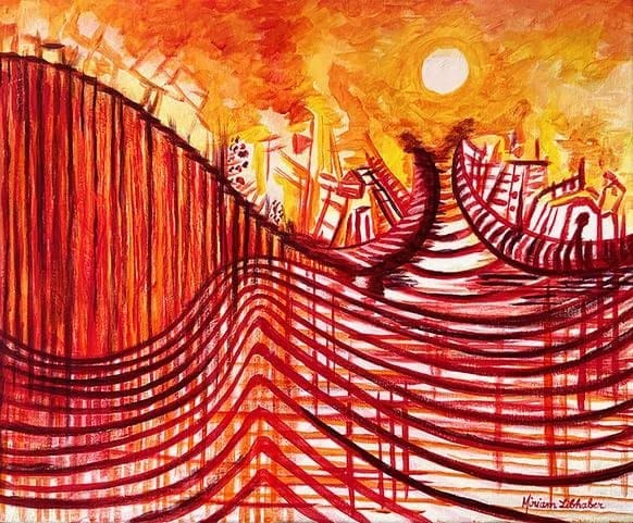 Parenthesis by Miriam Libhaber Artwork with deserted road pathway with bright yellow sun. Miriam Libhaber Painting - Parenthesis