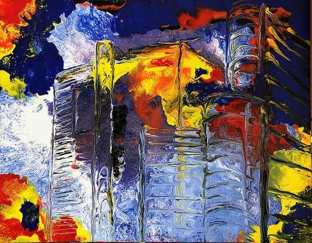 Of Fire by Miriam Libhaber Artwork with building shown as melting in fire. Miriam Libhaber Painting - Of Fire