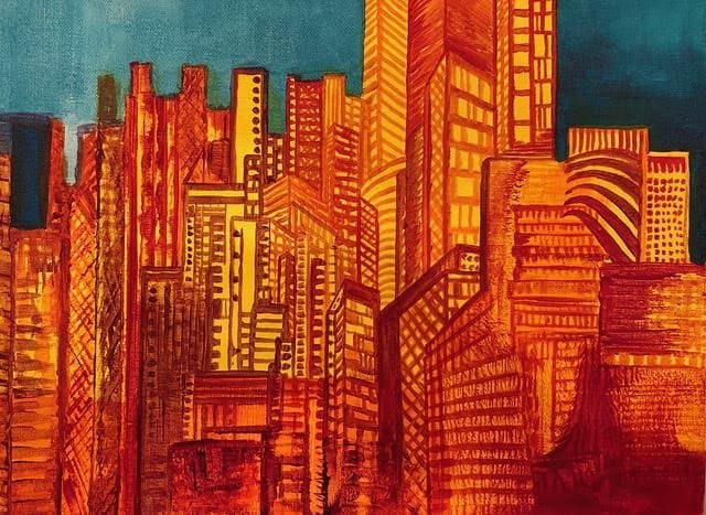 One too Many by Miriam Libhaber Artwork with city outline with buildings showing minor details includes floor and windows. Miriam Libhaber Painting - One too Many