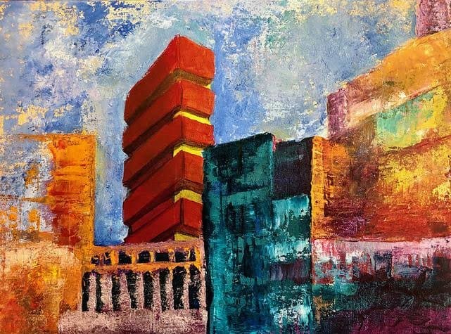 One of a Kind by Miriam Libhaber Artwork showing building with an Highrise in red and yellow. Miriam Libhaber Painting - One of a Kind