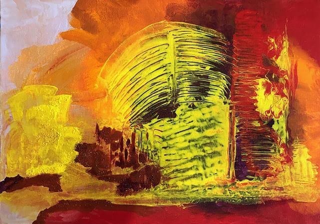 Fire/Fuego by Miriam Libhaber A artwork depicting fire at a building or place. Miriam Libhaber Painting - Fire/Fuego