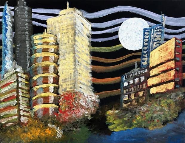 Winds of Santa Ana by Miriam Libhaber A city outline with wind blowing above tall buildings. Miriam Libhaber Painting - Wind of Santa Ana
