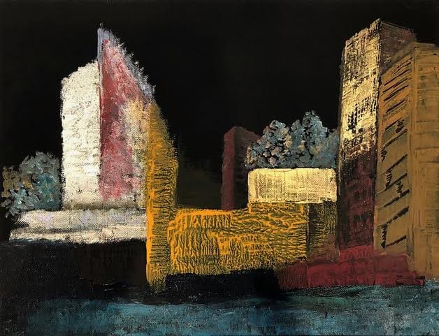 Outstanding by Miriam Libhaber It's a canvas on a black background with colored buildings.