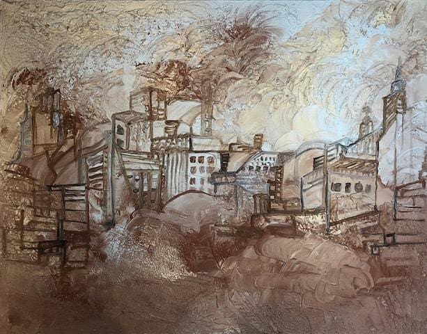 Sand Fable by Miriam Libhaber Artwork showing building structure and sand cloud painted on a canvas