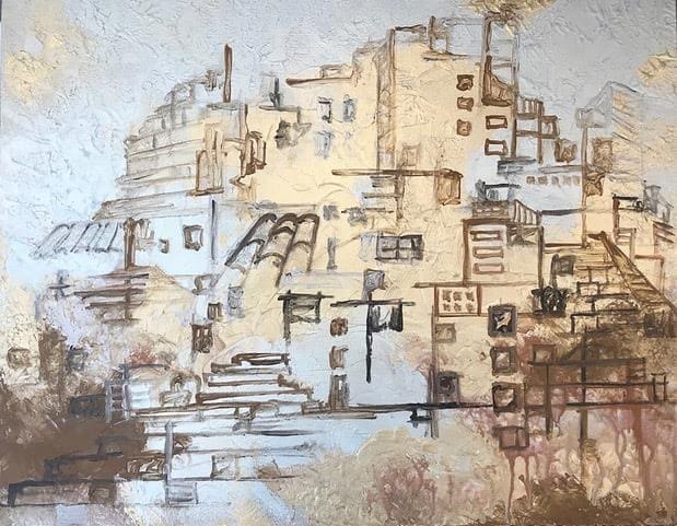 Fantastic Sand by Miriam Libhaber Artwork showing building structure with sand color painted on a canvas.