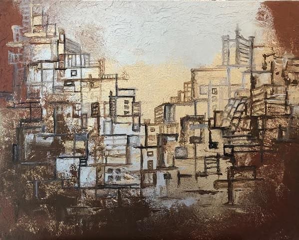 Sand Dream by Miriam Libhaber Artwork showing building structure painted on a canvas with sand color