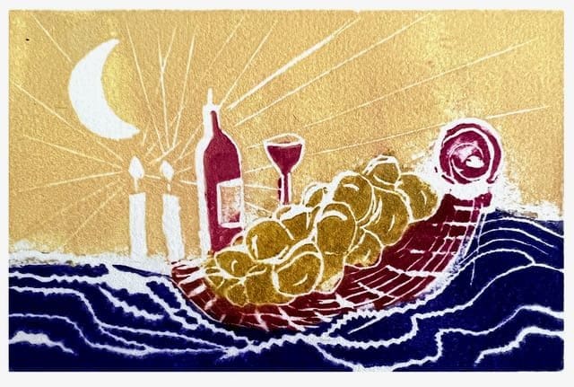 Shabat by Miriam Libhaber Artwork for Shabbat celebration with wine and candles under moon