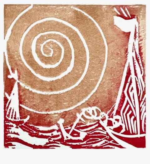 Burning Sun by Miriam Libhaber A painting showing boats in red as an effective depiction for Burning Sun