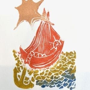 Artwork of anchored orange boat in golden water. Miriam Libhaber Painting - Reaching the Son