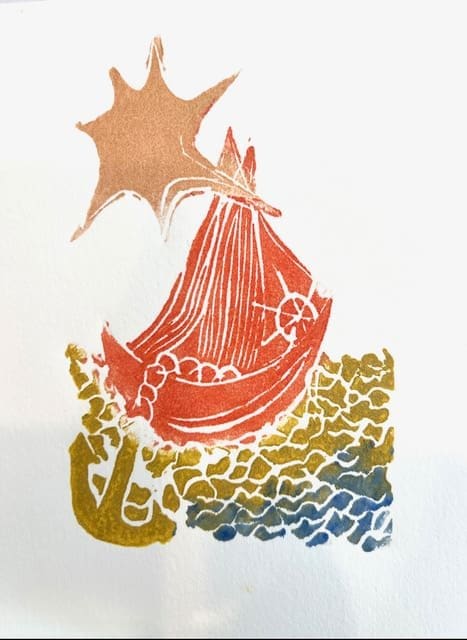 Reaching the Son by Miriam Libhaber Reaching the Sun by Miriam Libhaber is a painting depicting an anchored orange boat in golden water.