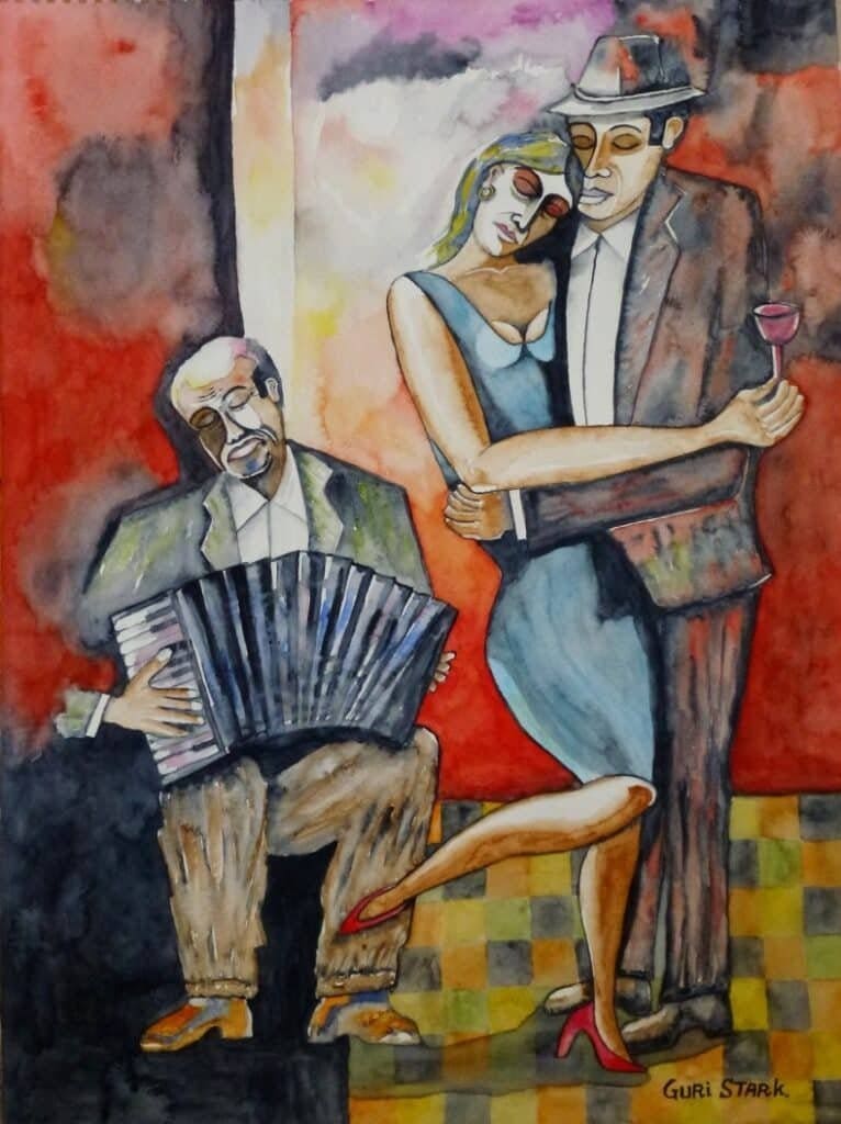 guri3.jpg A watercolor painting depicts a couple dancing closely, with the man holding a wine glass and wearing a hat. An accordion player sits nearby, providing music. The background features warm, abstract colors.