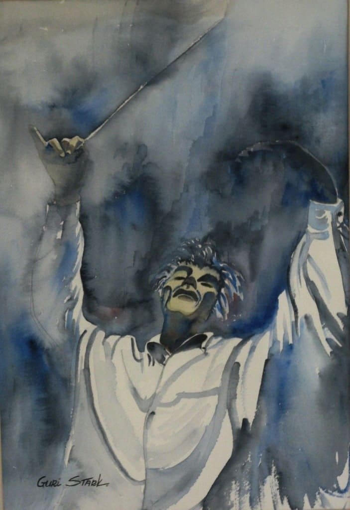 guri7.jpg A man depicted in a painting, holding a baton with poise, reflecting a moment of inspiration and artistic passion.