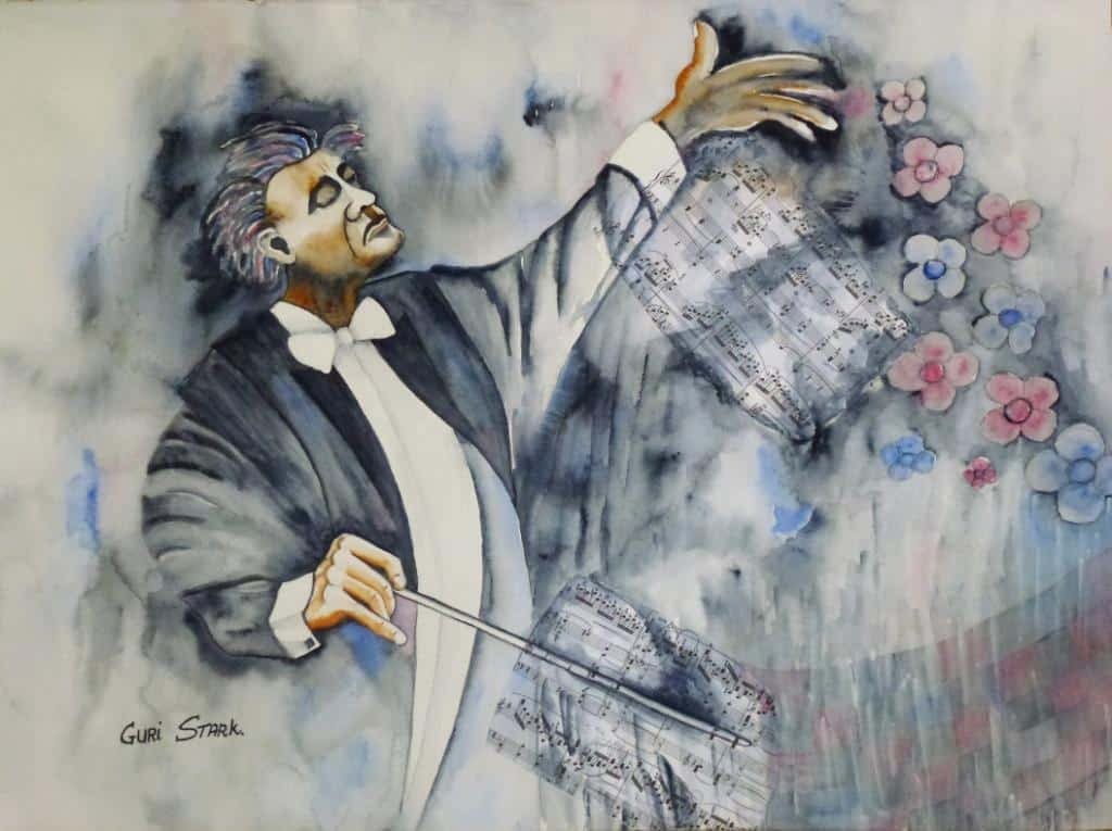 guri5.jpg A watercolor painting depicts a conductor leading an orchestra. Music notes and colorful flowers emerge from his gestures. Signed by artist Guri Stark.