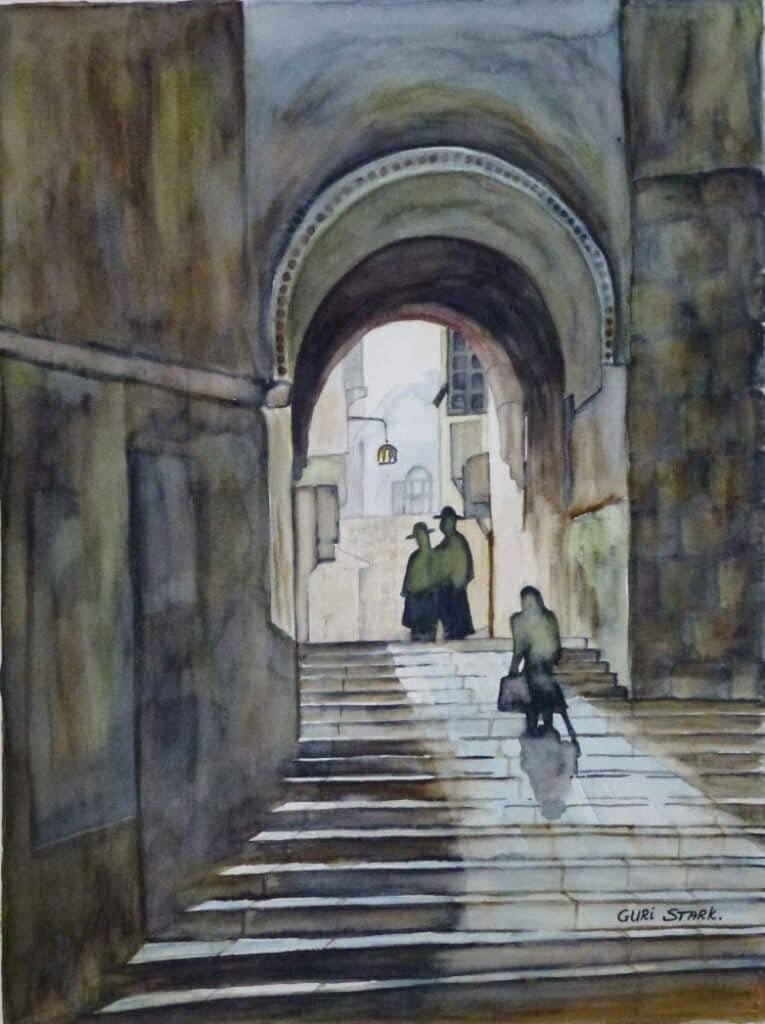 guri8.jpg A watercolor of two individuals descending a staircase, while one is going up, in an old stone city.