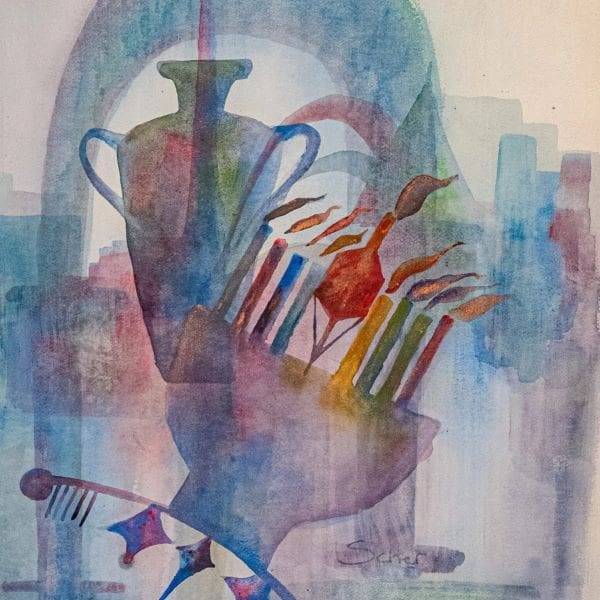 Scher-Family-square semi transparent images of a chanuka menorah and a jug, floating