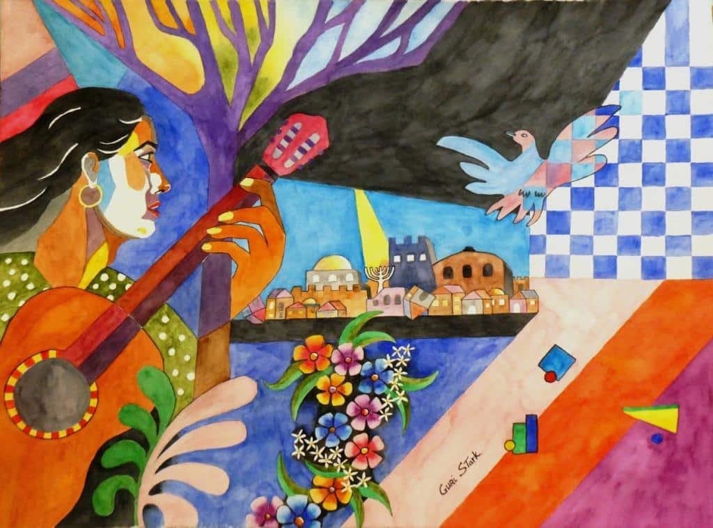 guri6.jpg A colorful painting featuring a woman playing guitar, a dove in flight, a village scene, and vibrant florals, set against a geometric, abstract backdrop.