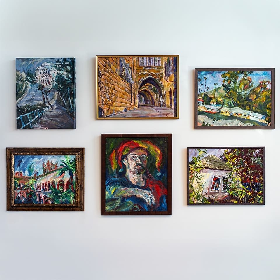 image for other artists 6 different framed paintings on the wall