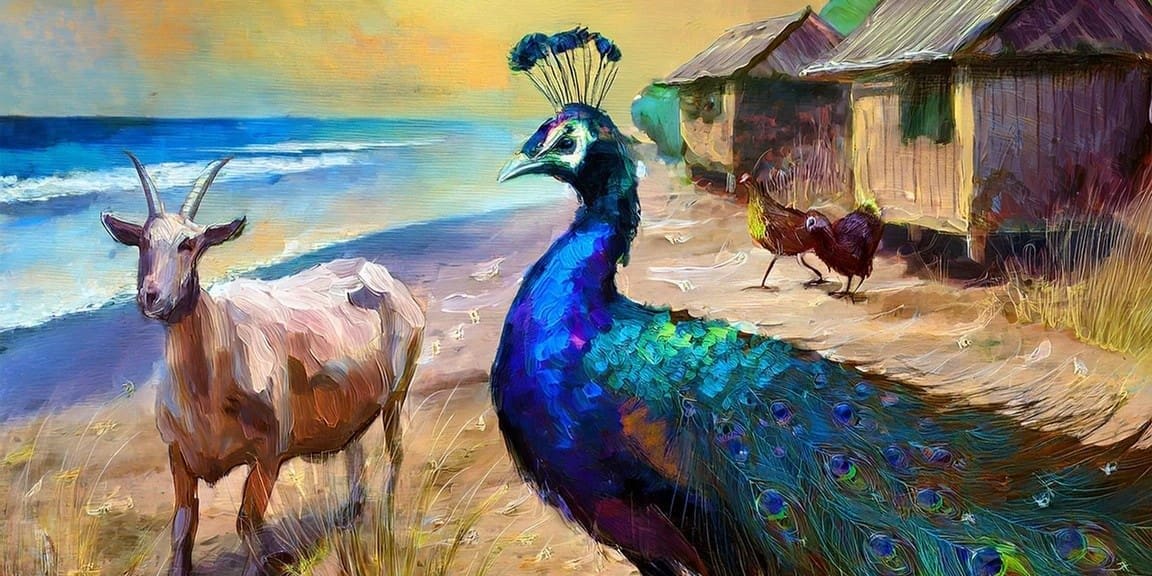 peacock for services We can see a peacock and a goat, as they are symbols of Yiddish language and culture.