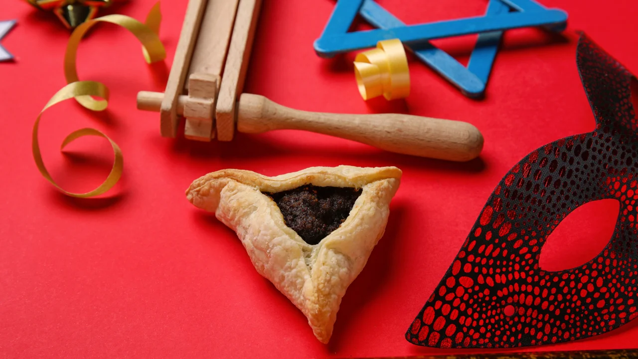 purim simkhe a photo of a homentaschen, a mask, a noise maker, and a star of david, advertisement for a purim party.
