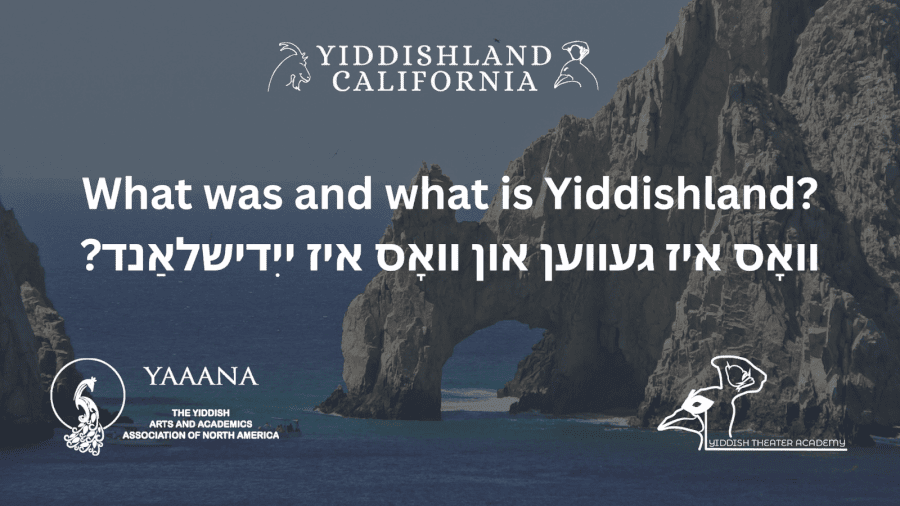A promotional poster reading What was and what is Yiddishland in English and in Yiddish, with an image of an ocean cove in the background