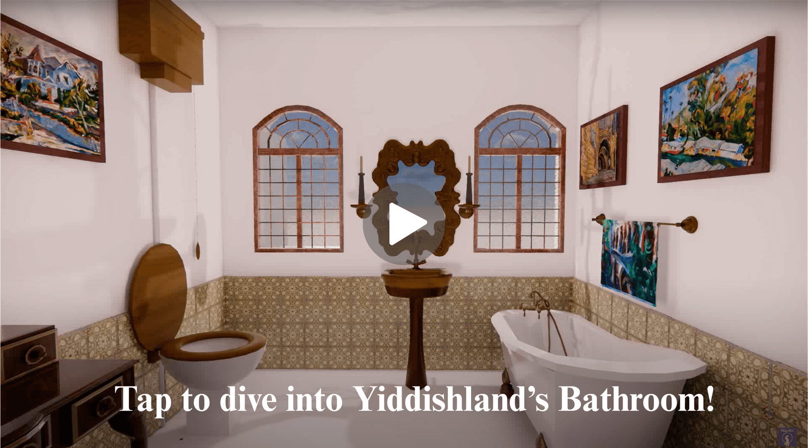 Yiddishland's Bathroom Vintage-style bathroom with a clawfoot bathtub, wooden toilet, ornate mirror, and decorative artwork on the walls in Yiddishland.