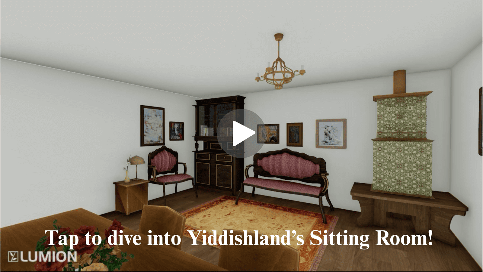 Yiddishland’s Sitting Room 3D-rendered view of Yiddishland’s sitting room featuring antique-style furniture, paintings, and a ceramic stove.